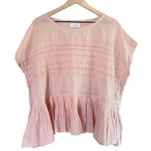 Velvet by Graham & Spencer Pink Cotton Gauze Pintuck Pom Pom Peplum Blouse Small